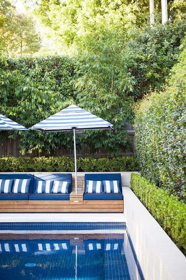 A bright landscaped pool area with a narrow tiled swimming pool, built-in timber seating upholstered in deep blue, striped blue-and-white cushions, and matching striped umbrellas. Dense greenery and hedging surround the outdoor entertaining space, creating a private garden setting.