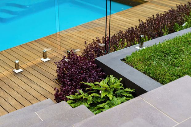 Close-up architectural landscape view of a swimming pool beside a timber deck, with glass pool fencing, integrated step lights, and layered raised garden beds edged in dark grey stone or concrete. The foreground shows broad grey tiled steps or paving and dense ornamental planting.