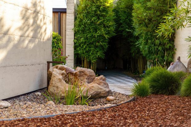 A landscaped residential side passage or entry walkway with a pale rendered wall, timber-framed doorway, dense bamboo screening, large natural boulders, ornamental grasses, gravel and bark mulch. The paved path recedes through the planting, creating a secluded garden approach with a natural, textured appearance.