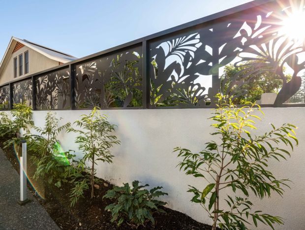 A sunny exterior garden boundary with a white rendered masonry wall topped by dark laser-cut metal screening featuring large botanical and bird motifs. Dense planting runs along the base, while a gabled residential building is partially visible behind the fence. The scene has a contemporary decorative landscape and privacy-screen treatment.