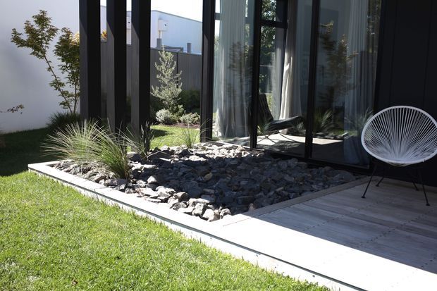 A contemporary courtyard garden beside a dark-framed glazed building, featuring a gravel and stone bed with ornamental grasses, slender trees, and a white wire lounge chair on a light timber deck. The space is bright, minimal, and strongly connected to the landscaped outdoor area through extensive glazing.