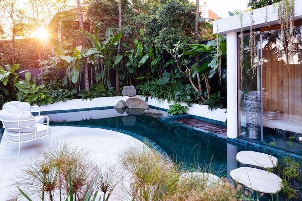 A lush tropical courtyard featuring a curving dark-tiled swimming pool, white rendered walls, sculptural boulders, ornamental grasses, and dense layered planting. A modern pavilion with slender white columns, extensive glazing, timber wall cladding, and a small seating area borders the pool. The scene is warmly lit by low sunlight and has a resort-like atmosphere.