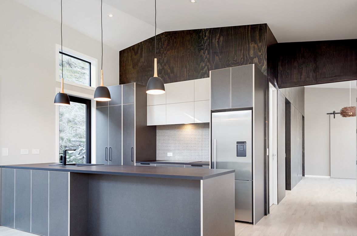 A striking feature wall in black satin plywood