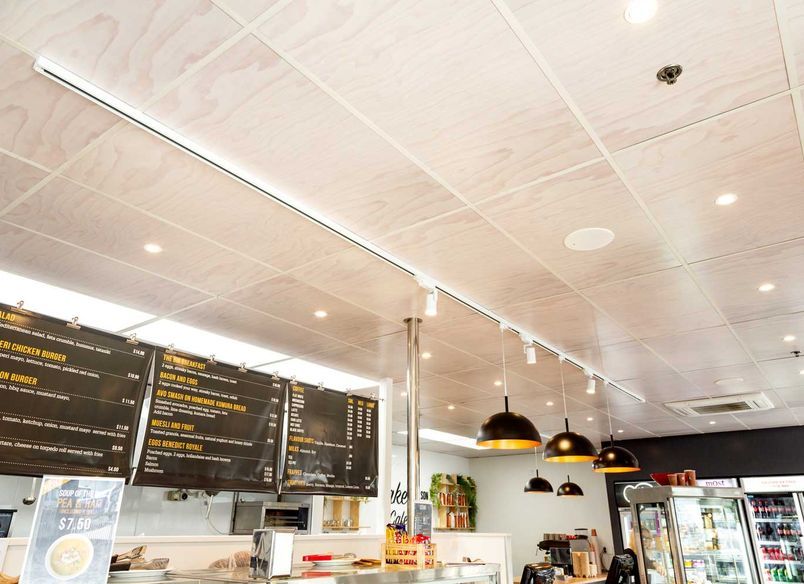 Hygienic ceiling tiles printed with a timber pattern