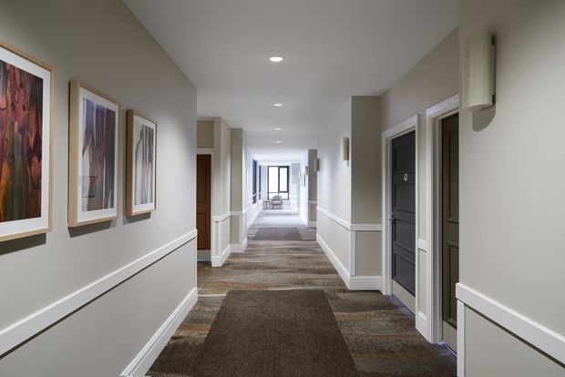 A long, bright interior corridor with grey painted walls, white wainscoting and trim, framed abstract artwork, recessed ceiling lights, wall sconces, multiple dark wood doors, and patterned carpet. The hallway leads toward a bright windowed area at the far end.
