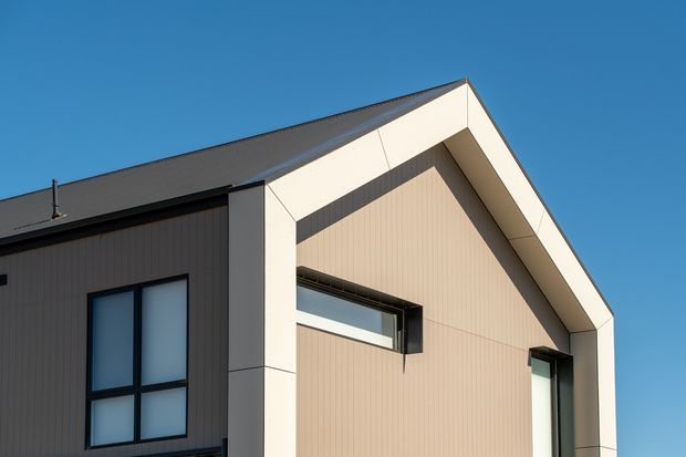 Close-up exterior architectural view of a contemporary gabled building. The facade combines dark charcoal vertical cladding with a light beige, finely ribbed gable wall and broad white trim framing the pitched roof. Black-framed windows punctuate the facade, including a tall rectangular window and narrow horizontal openings. The image is photographed against a clear blue sky with strong sunlight and crisp shadows.