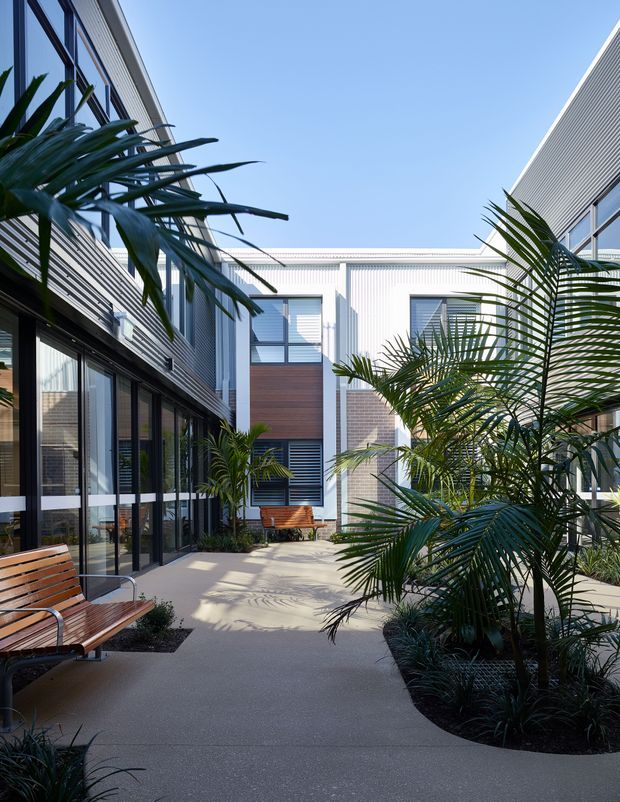A bright landscaped courtyard enclosed by contemporary multi-storey buildings. White and grey ribbed metal cladding, extensive dark-framed glazing, and warm timber wall panels surround a pale concrete pathway. Tropical palm planting and built-in timber benches soften the modern architectural setting.