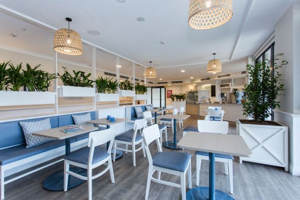 Bright, airy café or restaurant interior with blue upholstered banquette seating, white dining chairs, pale wood-look flooring, planter screens, and a service counter at the rear. Decorative woven pendant lights, white cabinetry, and abundant indoor greenery create a relaxed coastal-inspired hospitality setting.
