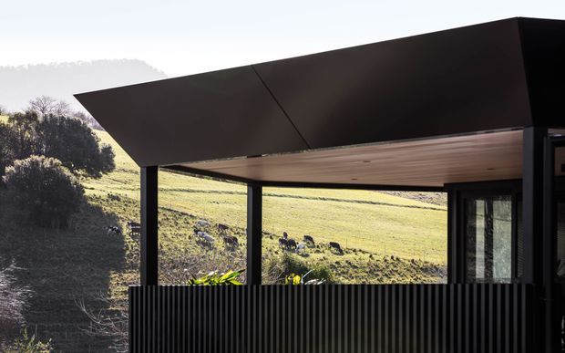 A contemporary covered outdoor terrace or veranda with a sharply angled dark metal roof, slender black structural posts, warm timber-lined soffit, and a dark vertical slatted privacy screen. The open sides overlook a sunlit grassy rural hillside.