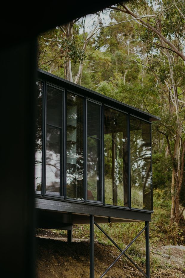 A dark, minimalist elevated pavilion or house extension set within dense eucalyptus woodland. The structure has a long glazed facade with black metal window frames, a slim dark roof, and a raised platform supported on slender steel posts with diagonal bracing. The surrounding bushland is reflected in the extensive glazing.