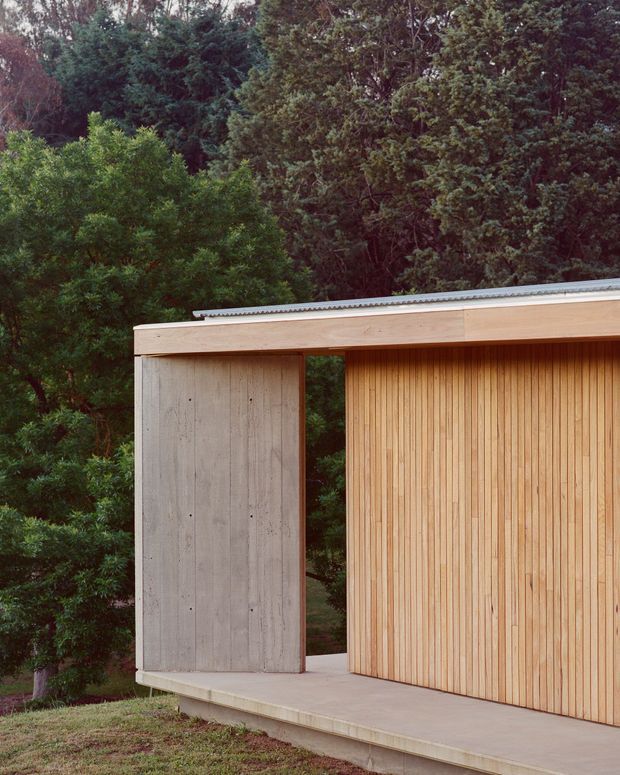 A minimalist single-storey pavilion or small building set within dense greenery. The facade combines a pale exposed concrete wall with vertical natural timber slats, a broad horizontal timber fascia, and a shallow corrugated metal roof. A narrow open passage separates the concrete wall from the timber-clad section, with a simple concrete platform at the base. The image is an exterior architectural detail viewed from the landscaped surroundings.
