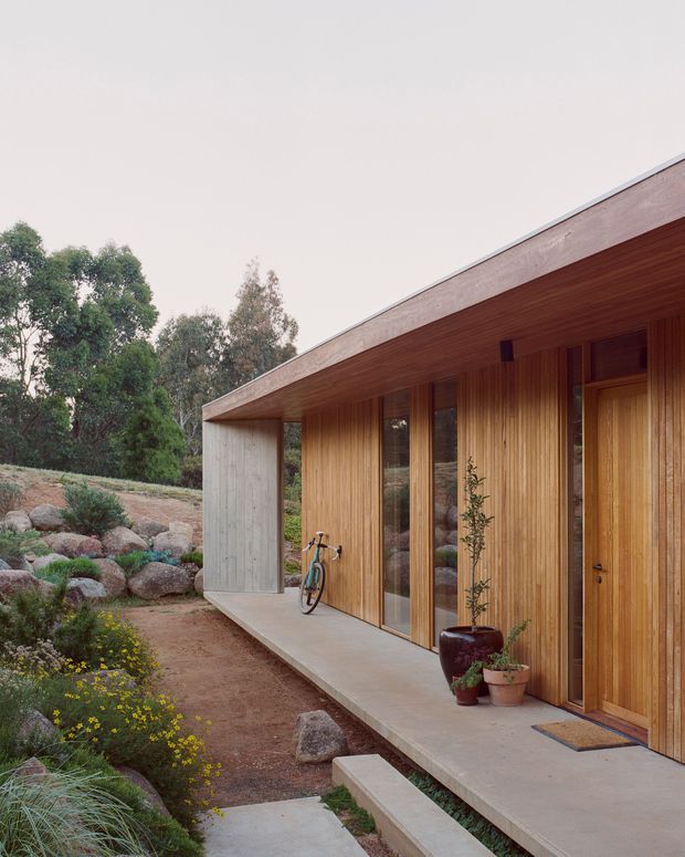 A low, single-storey modern house set into a landscaped rocky site. The image focuses on a long covered entry veranda with warm vertical timber wall cladding, timber soffit, tall glazed openings, a timber front door, and a pale concrete floor and structural end wall. Native-style planting, large rocks, and trees surround the building, while a bicycle and potted plants sit along the entry.