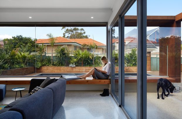 A bright contemporary living room with full-height corner glazing and sliding glass doors opening onto a planted courtyard. A built-in timber window seat runs along the glazed wall, with a dark blue sectional sofa and small round side table in the foreground. The polished light-grey concrete floor continues toward the outdoor terrace, where a black dog is visible. The room has a low, clean-lined ceiling with recessed downlights and strong indoor-outdoor connection.