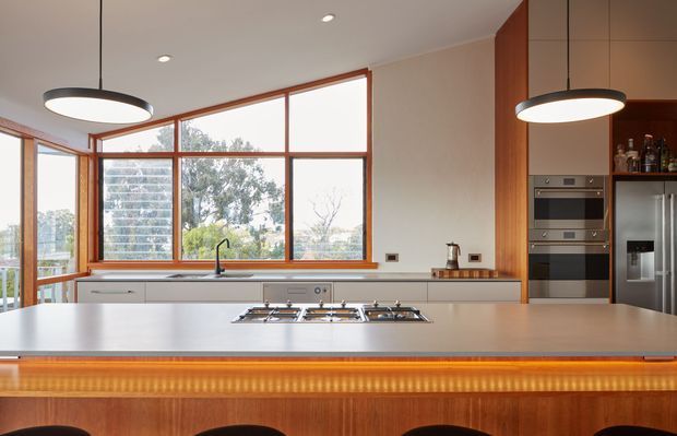Contemporary kitchen with a large central island and integrated gas cooktop, warm timber cabinetry and trim, pale stone-look benchtops, stainless-steel appliances, and expansive timber-framed glazing overlooking trees and nearby buildings. Pendant lighting and recessed ceiling lights illuminate the open, streamlined space.