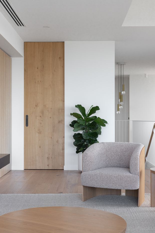 Bright contemporary interior view focused on a refined living area and entryway. A full-height natural timber pivot door sits beside a white wall and indoor fiddle-leaf fig plant. The foreground contains a sculptural upholstered armchair with timber sides and base, a rounded timber coffee table, and a large neutral rug. A minimalist pendant light and white balustrade are visible in the background, with clean recessed ceiling detailing and pale timber flooring.