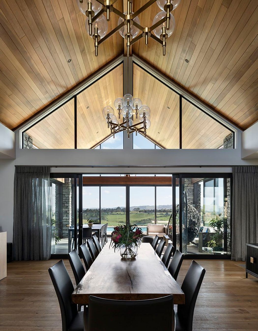 Formal dining under a warm vaulted ceiling