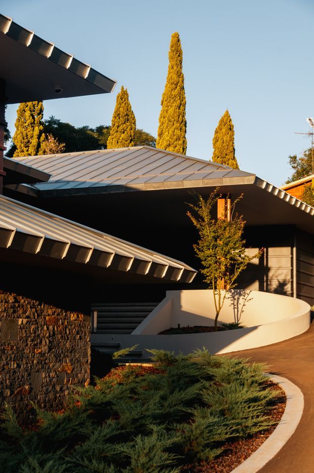 Exterior architectural photograph of a modern, multi-level residence with layered low-pitched metal roofs, deep overhanging eaves, dark wall cladding, a textured stone retaining wall, and a curved white rendered landscape wall. Tall narrow cypress trees and landscaped planting surround a curved paved driveway or walkway.