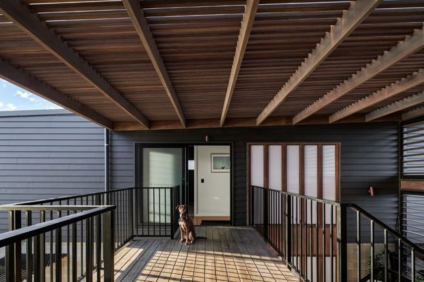 Covered exterior entry deck or balcony of a contemporary dark-clad home, featuring a broad exposed timber pergola roof, timber decking, black metal balustrades, a glazed entry door, and screened windows. A dog sits near the entrance.