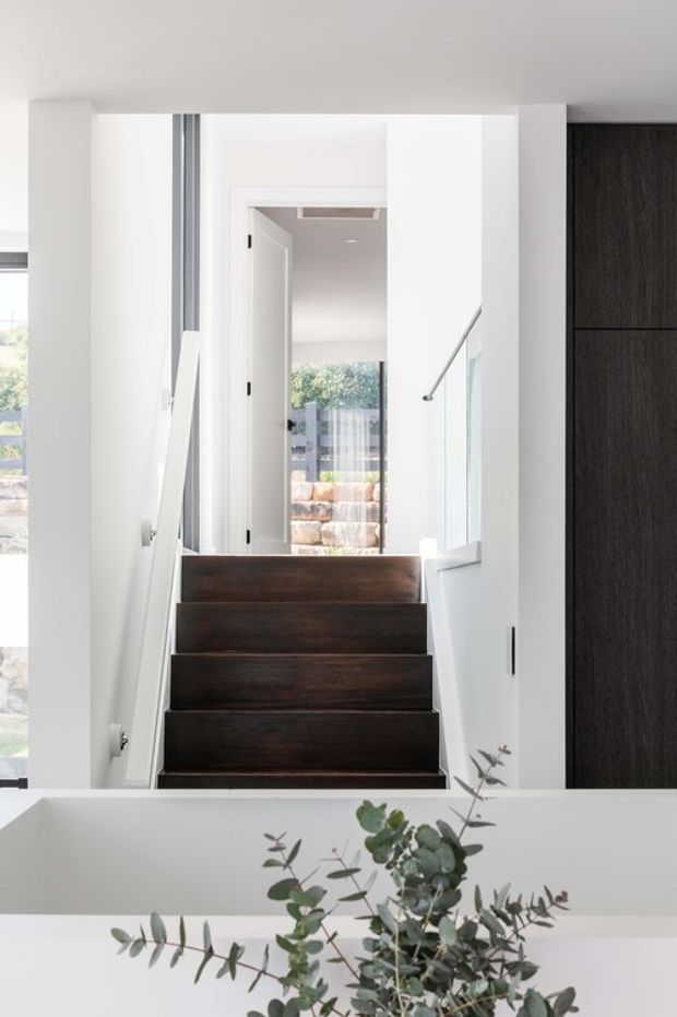 Bright minimalist interior view centred on a compact straight staircase with dark timber treads, white walls, slim metal handrails and a clear glass balustrade. An open doorway and glazing provide a view toward an outdoor seating area, while dark vertical built-in cabinetry contrasts with the white stair hall. Eucalyptus foliage is visible in the foreground.