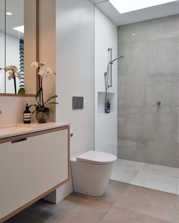 Contemporary bathroom with a floating vanity, integrated basin, wall mirror, toilet, and open walk-in shower. Large pale grey wall and floor tiles create a clean, restrained finish, with a skylight providing natural illumination. A timber-edged vanity and orchid add warmth.