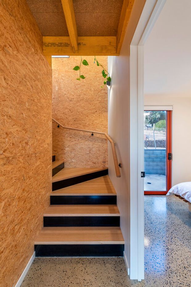 Interior view of a compact stairway with timber treads and bold black risers, rising beside textured OSB wall and ceiling panels. Exposed timber beams, a simple timber handrail, and hanging greenery add warmth. A white-trimmed opening reveals a bedroom with terrazzo flooring and a red-framed glazed exterior door.