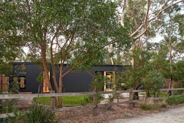A low, dark-clad contemporary house set among mature eucalyptus trees and native landscaping. The single-storey building has a simple flat or very low-pitched roofline, black vertical metal cladding, timber-framed windows and doors, and a rustic timber post-and-rail fence in the foreground. The image is an exterior architectural view in a leafy, semi-rural setting.