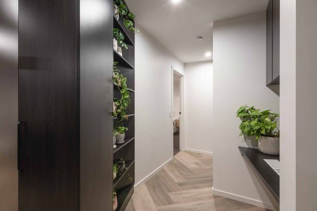 A bright, narrow residential hallway with white walls, recessed ceiling lights, and light timber-look herringbone flooring. Tall dark built-in cabinetry and open shelving with potted plants line the left side, while additional dark joinery and a benchtop are visible on the right. Doorways lead to adjoining rooms at the end of the corridor.