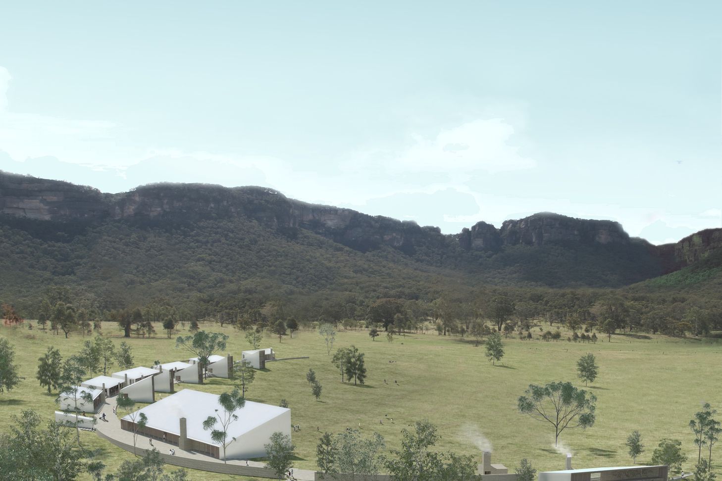 Aerial perspective of the full campus.