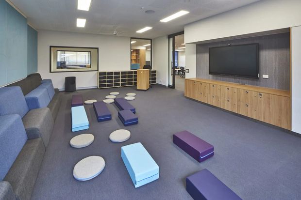 A contemporary open-plan media or lounge area with a large built-in television wall, extensive low timber cabinetry, dark wood wall panelling, grey carpet, and modular blue, purple, and grey seating. The room includes a long sectional sofa, scattered low ottomans and floor cushions, black-framed glazed partitions, a small shelving unit, and recessed linear ceiling lighting.
