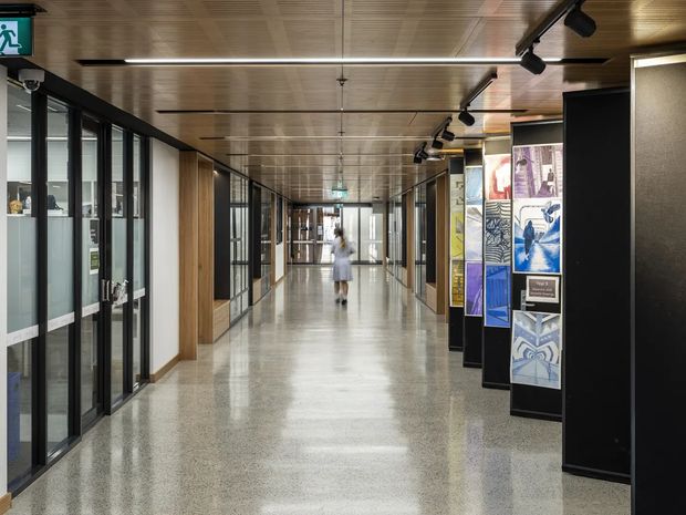 A long, contemporary institutional corridor with polished terrazzo flooring, dark-framed glazed rooms along the left, warm timber wall and ceiling lining, and black display panels with artwork on the right. Track lighting runs along the ceiling, and the corridor opens toward a brighter glazed area in the distance.