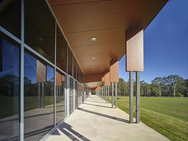 A long, covered external walkway beside a glazed modern building, with extensive floor-to-ceiling glass reflecting the surrounding sports field and trees. Slim steel columns support a warm timber-lined soffit, while projecting box-like timber-clad elements add rhythm along the facade. Bright clear daylight and strong linear shadows emphasize the minimalist contemporary architecture.