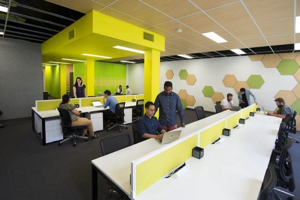 Open-plan commercial office interior with shared white workstations, bright lime-green architectural partitions and service volumes, black office chairs, and a feature wall decorated with large geometric hexagonal panels in green, beige, and grey. The space has a suspended acoustic tile ceiling with fluorescent lighting, carpeted flooring, and multiple employees working at desks.