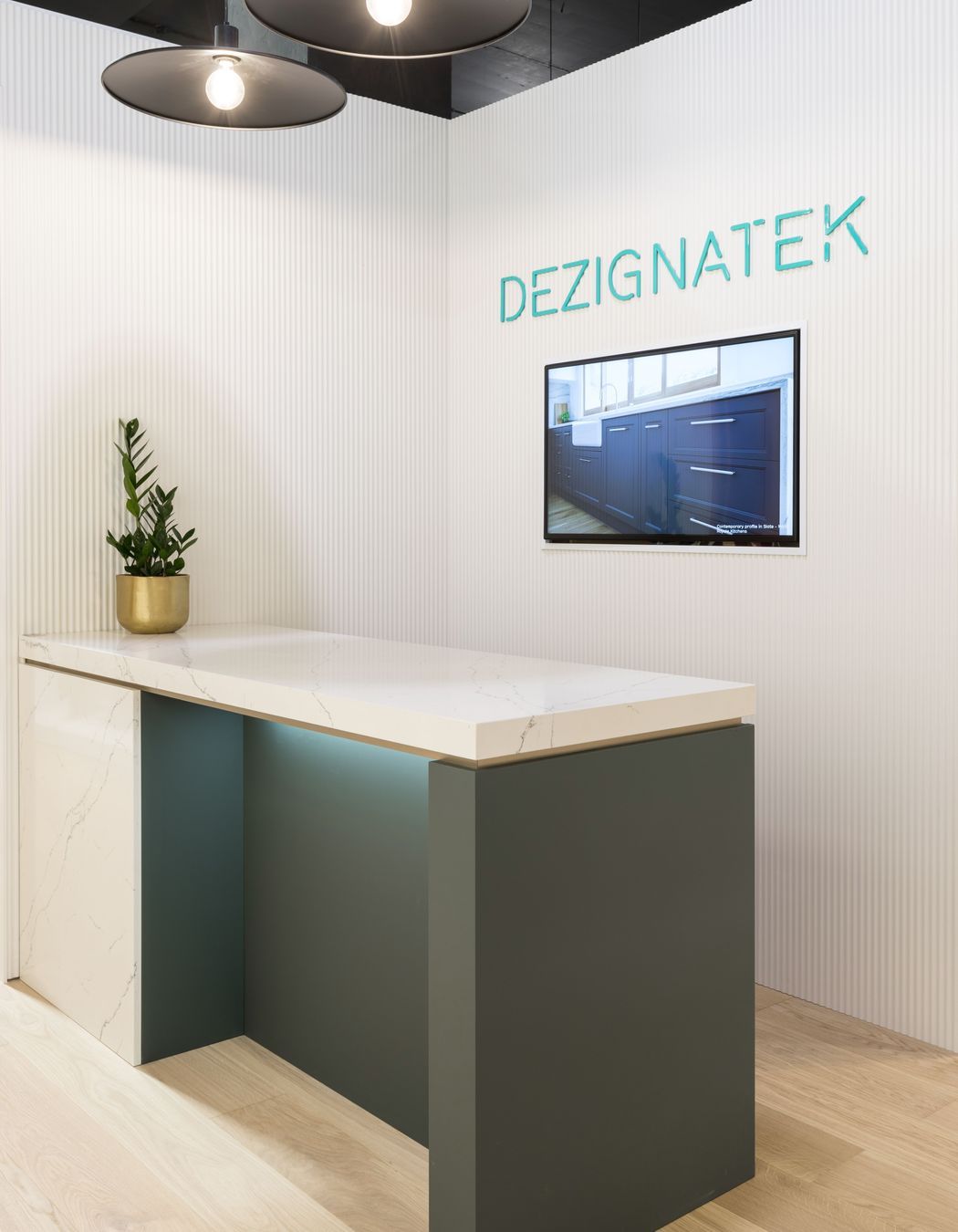 Kombu Green - Matt on a boxed end. Benchtop: Prime Stone in Finelli - Polished. Dezignatek Showroom, Home Ideas Centre Auckland