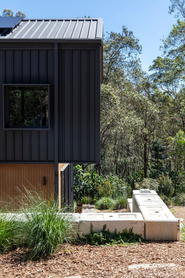 Exterior view of a compact contemporary house set within dense bushland. The building features dark vertical metal wall cladding, a standing-seam metal roof, a projecting dark-framed window, warm timber cladding at the lower level, and a concrete retaining or landscape structure in the foreground. Native grasses, mulch, and established trees surround the building.