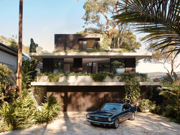 Exterior view of a modern multi-level residence set among lush tropical and subtropical landscaping. The home features a broad flat roof and projecting concrete slab balconies, dark vertical timber-like cladding, extensive recessed glazing, planted balcony edges, and an integrated garage. A vintage car sits on the stone-paved driveway in front of the house.
