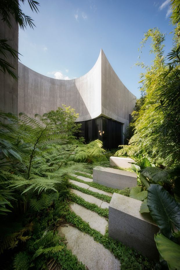A sculptural concrete building viewed from a lush garden walkway. The structure has tall, sweeping curved walls that rise to a sharp central peak, with a dark recessed entry at ground level. Stepping concrete pavers and rectangular concrete blocks lead through dense ferns and tropical foliage. The image has a dramatic yet serene architectural character, with strong sunlight and a clear blue sky.