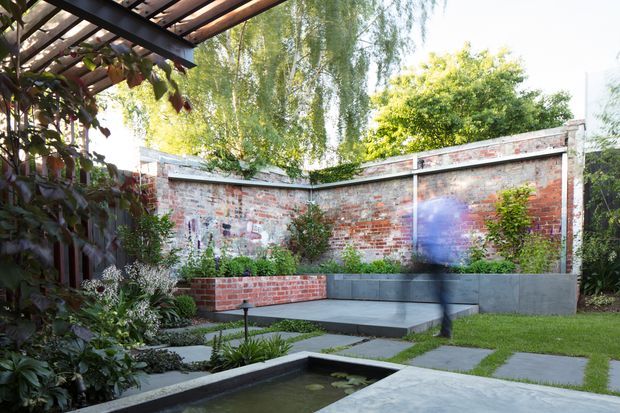 Landscaped urban courtyard garden with a shallow rectangular reflecting pond in the foreground, large concrete stepping slabs, raised concrete and brick planting beds, and a low rendered-concrete platform. A weathered red-brick boundary wall with graffiti forms the backdrop, partially covered by mature planting. A timber pergola with translucent roofing and climbing vegetation frames the upper left of the scene. The garden has a structured contemporary layout softened by abundant greenery and mature trees.