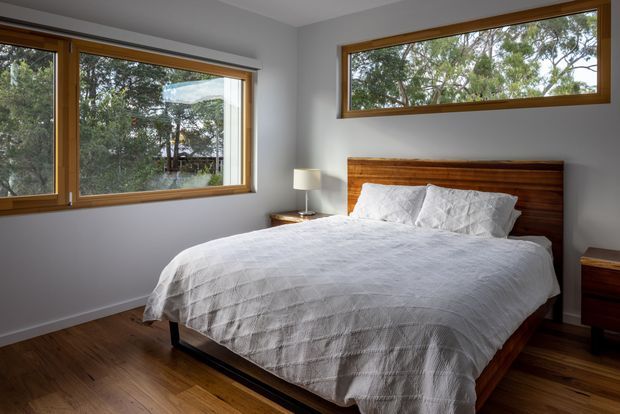 A bright, simple bedroom with a queen or king-size bed dressed in white textured bedding, a warm timber headboard, timber flooring, and matching timber-framed windows. The room has white walls, a compact bedside table with lamp, and views of leafy trees through the glazing.