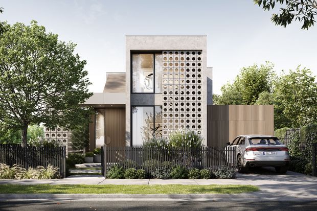 Street-level architectural rendering of a contemporary multi-storey residence with a pale rendered facade, projecting box forms, large windows, and a distinctive perforated breeze-block screen. A dark vertical-slat front fence, landscaped planting, and an integrated driveway with a parked car frame the suburban frontage.