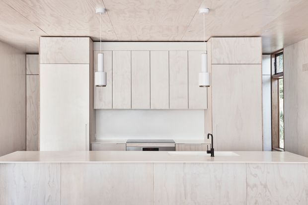 A bright, minimalist kitchen viewed across a large island bench. The space features pale plywood cabinetry and matching plywood ceiling and island fronts, integrated appliances, a light benchtop, white cylindrical pendant lights, and a black tap. Full-height windows at the side bring in natural light and views of greenery.