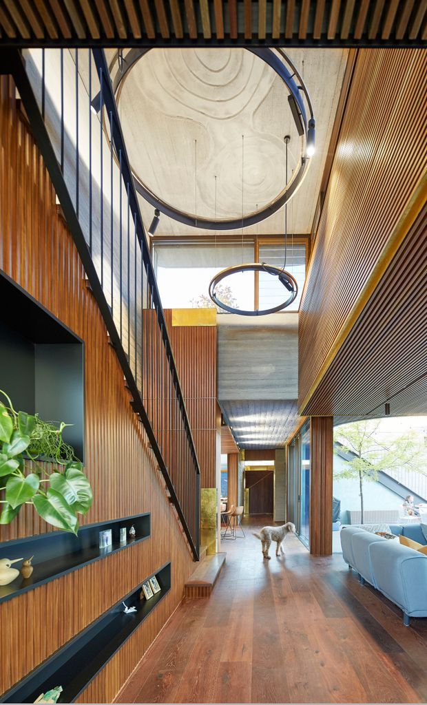 A tall, double-height residential interior hallway or circulation space with warm timber flooring and extensive vertical timber slat wall and ceiling lining. Black-framed steel balustrades and shelving contrast with the timber, while large circular pendant lights hang beneath a sculptural circular skylight or ceiling feature. The corridor opens toward a bright living area with pale blue seating, and a dog and indoor plants are visible. The space has a refined contemporary character with strong linear detailing and abundant natural light.