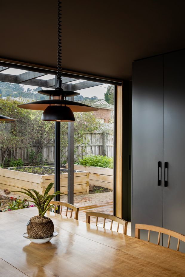 A warm, contemporary dining area with a large light timber dining table and matching spindle-back chairs. A sculptural multi-tier pendant light hangs centrally above the table, while dark full-height cabinetry occupies the right side. Wide glazing or an open glass door connects the room to a landscaped courtyard with raised timber garden beds and a pergola-like structure. The interior has a dark ceiling and cabinetry contrasting with the natural timber furniture and abundant greenery outside.