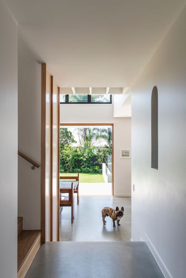 A bright contemporary residential stair hall viewed from an upper landing, with a broad grey concrete-like floor, white walls and ceiling, warm timber stair treads and vertical timber detailing. A simple arched wall opening, high clerestory glazing, and a large glazed opening toward a landscaped garden create a light-filled connection to the outdoors. A dining area is partially visible beyond the stair hall.