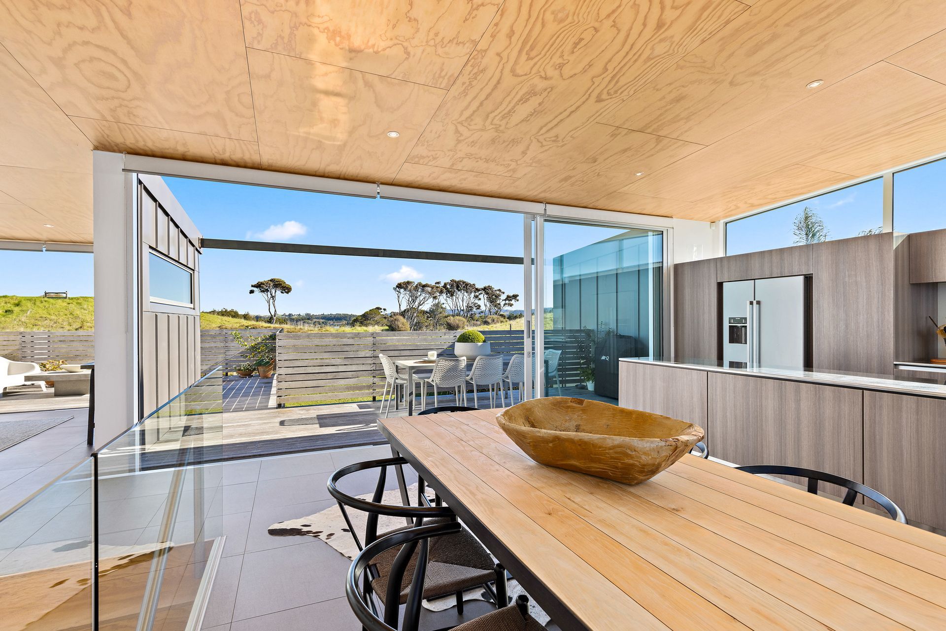 Plywood sarked ceilings feature in the Living areas to set a pared back aesthetic. Photo Credit:Amy Jenkins/Glasshouse Photography