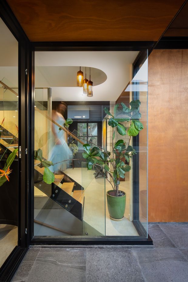 A contemporary interior view through a black-framed glazed doorway into a light-filled entry or circulation space. The composition features a dramatic suspended pendant cluster, extensive indoor planting, a sculptural floating staircase with glass balustrades, warm timber ceiling and wall surfaces, dark metal framing, and large grey stone-look floor tiles. Reflections and transparency reveal adjacent interior spaces and the stair geometry.
