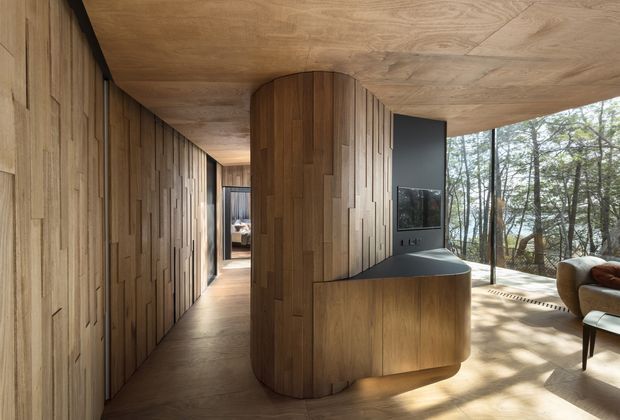 A warm, sculptural timber-lined interior with a long corridor, curved built-in joinery and a dark integrated fireplace or media wall. Floor, ceiling and walls are finished in natural wood, while full-height glazing opens views to a wooded landscape. A small portion of a seating area is visible at right, and a bedroom-like space appears at the end of the corridor.