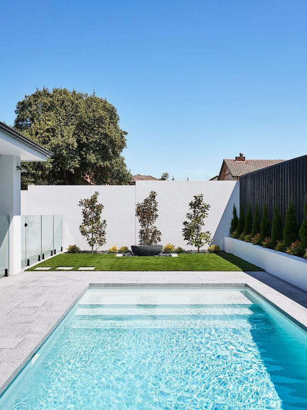 Bright contemporary courtyard garden with a rectangular swimming pool in the foreground, pale stone paving, clipped lawn, sculptural planters and pleached trees. White rendered boundary walls contrast with a dark vertical-clad side wall and established planting. A modern home and neighbouring pitched-roof buildings are visible around the enclosed outdoor space.