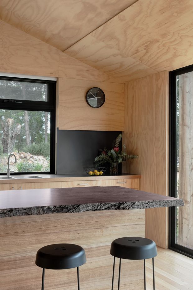 Compact contemporary kitchen clad throughout in warm plywood, with black-framed windows, a stainless-steel sink, timber cabinetry, a dark splashback, and a kitchen island topped with a rough natural stone edge and dark surface. Two black stools sit at the island, while greenery and a wooded landscape are visible through the glazing.