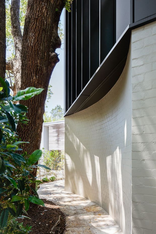A narrow landscaped side walkway beside a contemporary building. The facade combines a white-painted brick wall with dark vertical cladding and a sharply angled projecting roof or eave. A mature tree, dense planting, and dappled sunlight frame the textured stone-paved path.