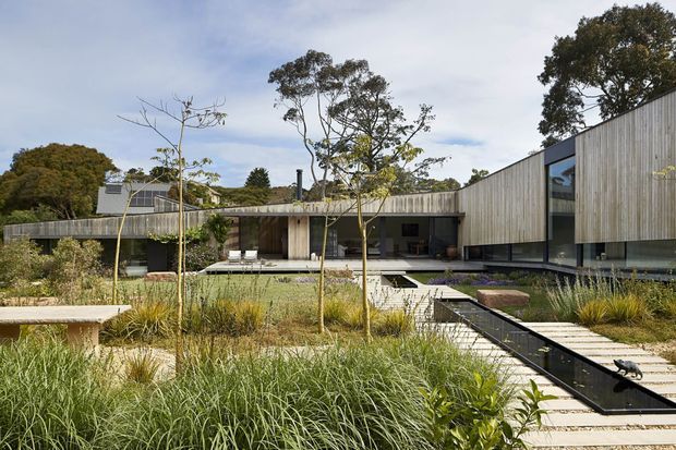 A low, modern courtyard-style residence surrounded by landscaped gardens. The building features horizontal timber-clad volumes, extensive dark-framed glazing, sheltered outdoor living areas, and a paved pedestrian bridge crossing a shallow water feature or channel. Ornamental grasses, native-style planting, mature trees, and concrete seating elements create an integrated indoor–outdoor setting.